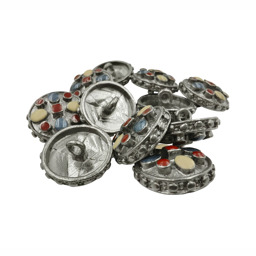 Heritage Inspired Round Metal Buttons with Multicolor Enamel Inlays