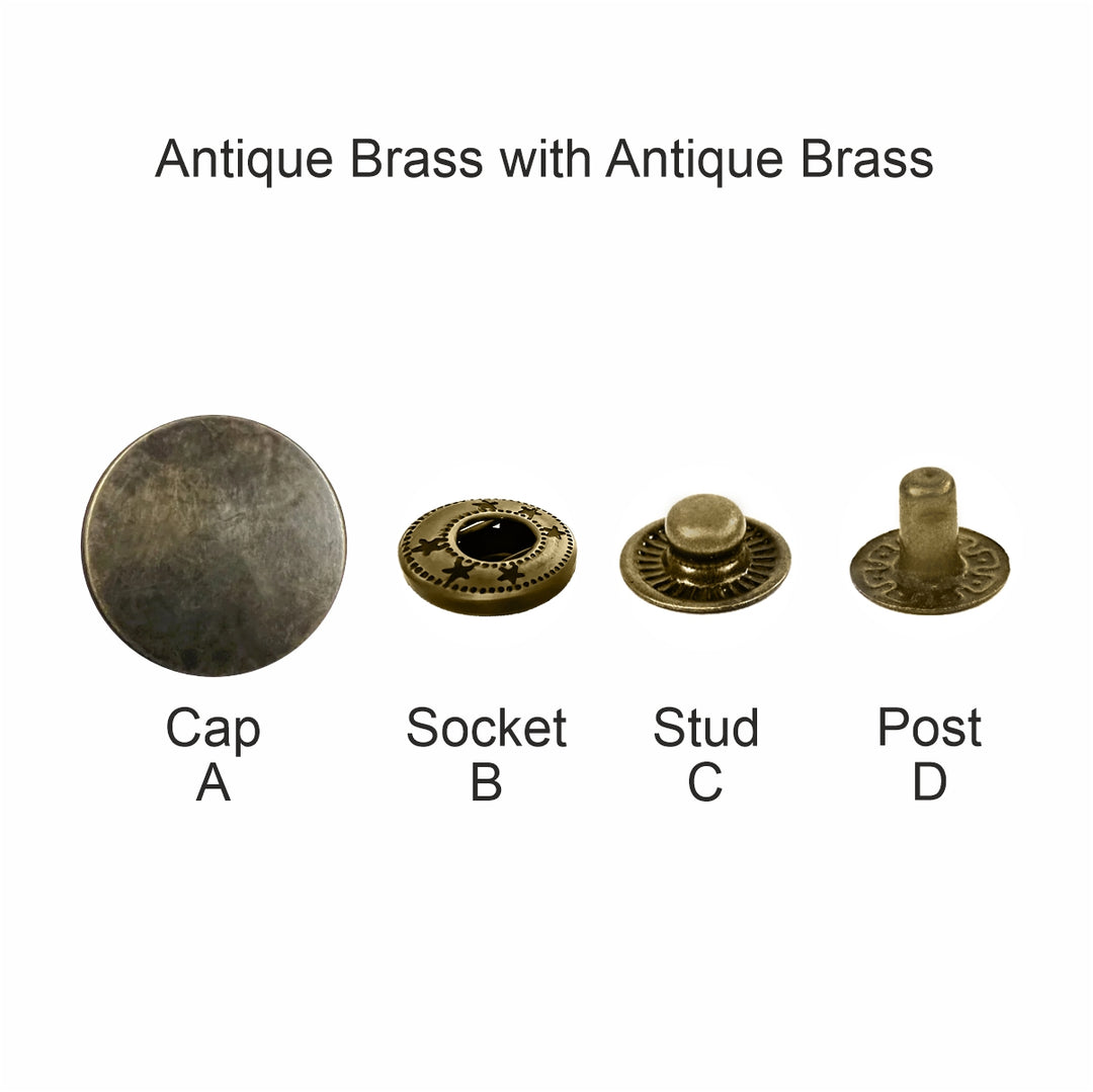 Shop antique brass 4-part snap buttons for garments, bags & leather crafts. Durable, vintage finish press fasteners available in multiple sizes at Jhonea.