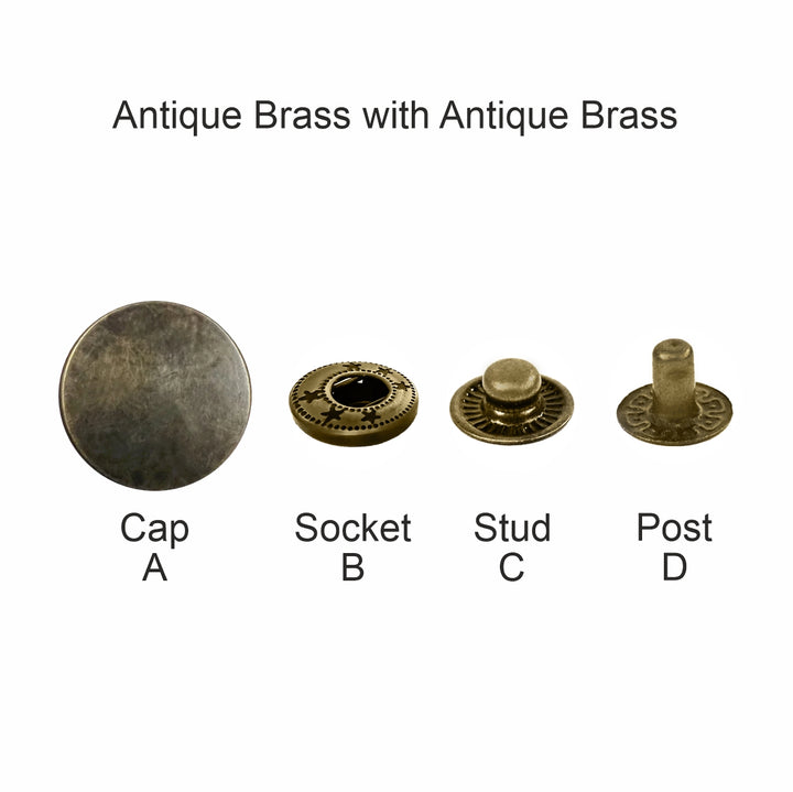 Shop antique brass 4-part snap buttons for garments, bags & leather crafts. Durable, vintage finish press fasteners available in multiple sizes at Jhonea.