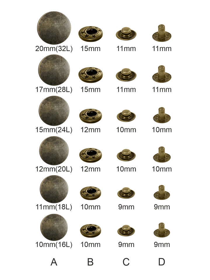 Antique Brass 4-Part Metal Snap Buttons Standard Quality Fasteners for Shirts/Coats/Jackets