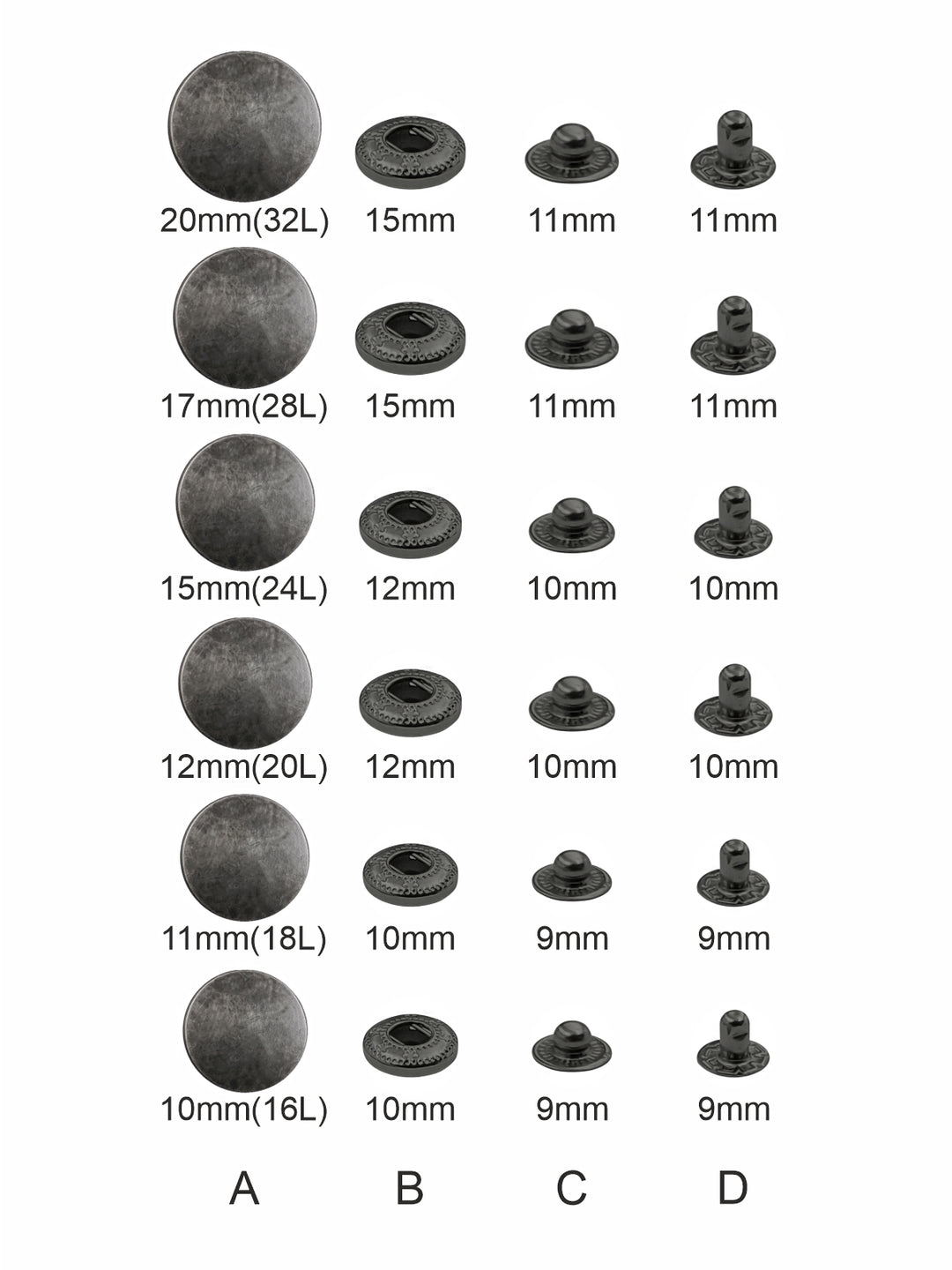 Antique Silver 4-Part Metal Snap Buttons Standard Quality Fasteners for Shirts/Coats/Jackets