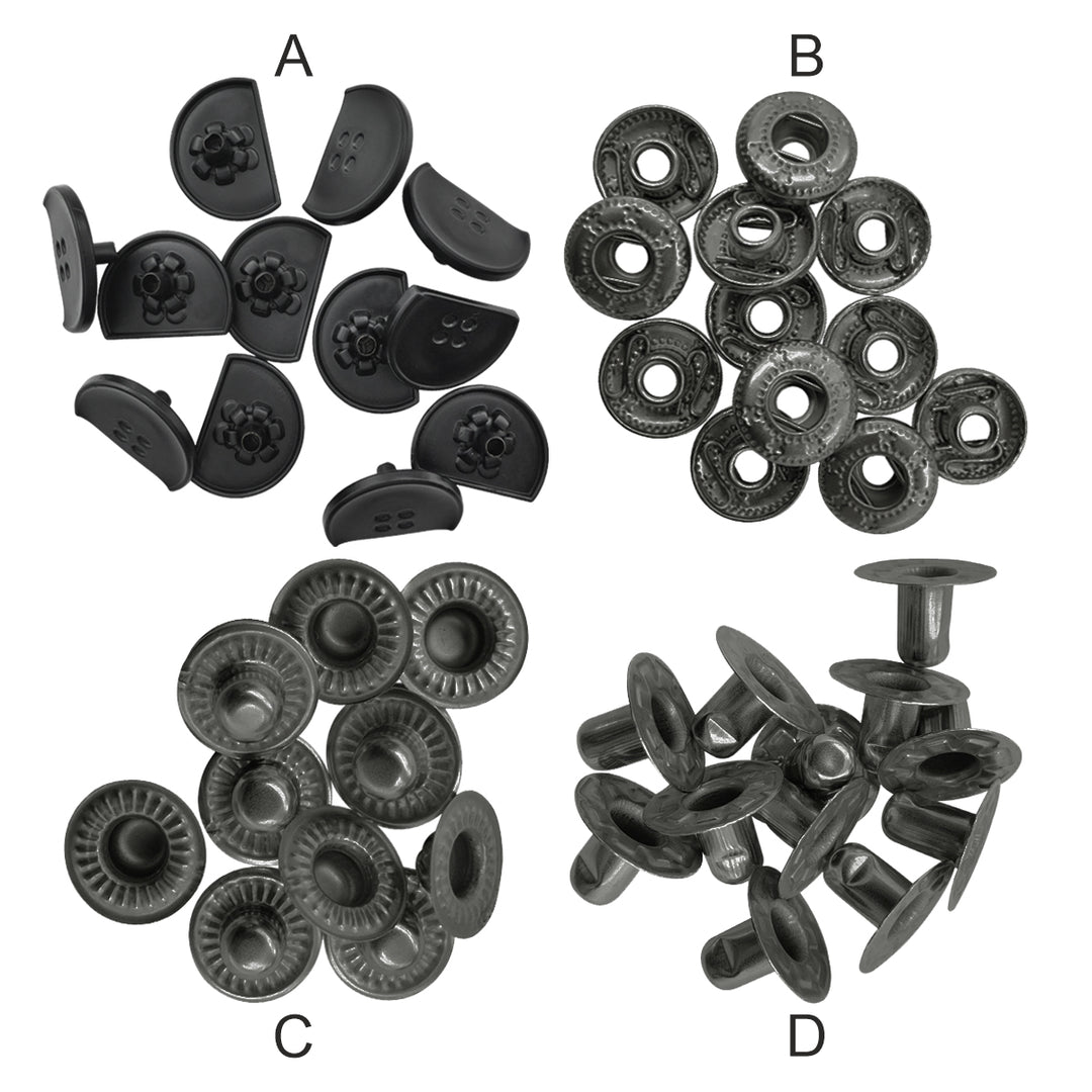 Fancy black 4-part metal snap button fasteners set in matte black, size 20mm (32L)
