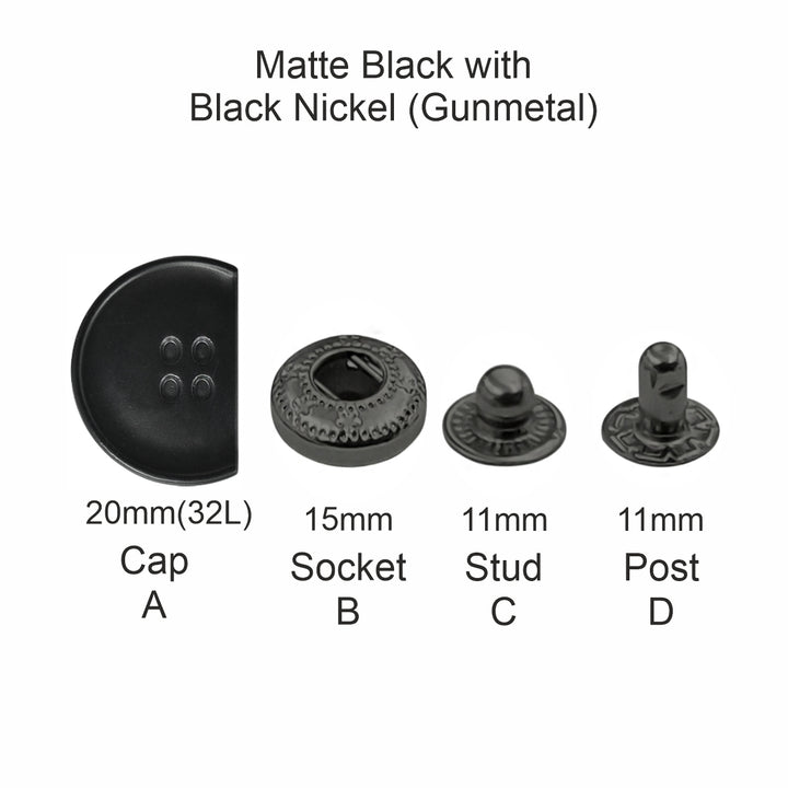 4-part metal snap button fasteners showing cap, socket, stud, and post