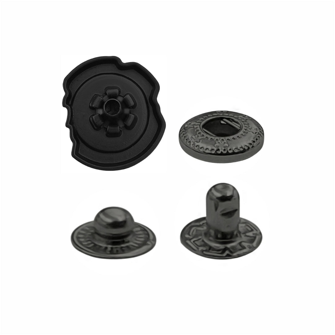 Black Designer Uneven 4-Part Metal Snap Button Fasteners for Leather Jackets