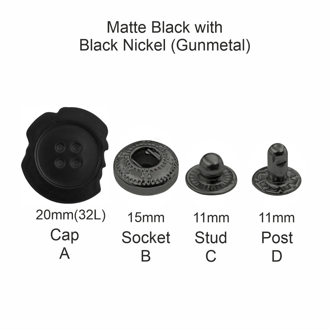 Black Designer Uneven 4-Part Metal Snap Button Fasteners for Leather Jackets