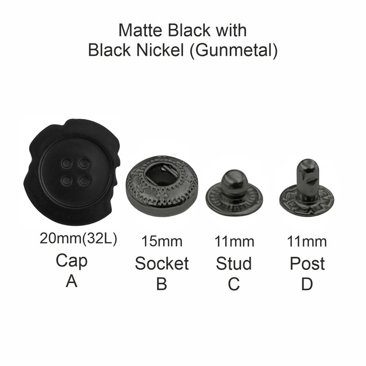Black Designer Uneven 4-Part Metal Snap Button Fasteners for Leather Jackets