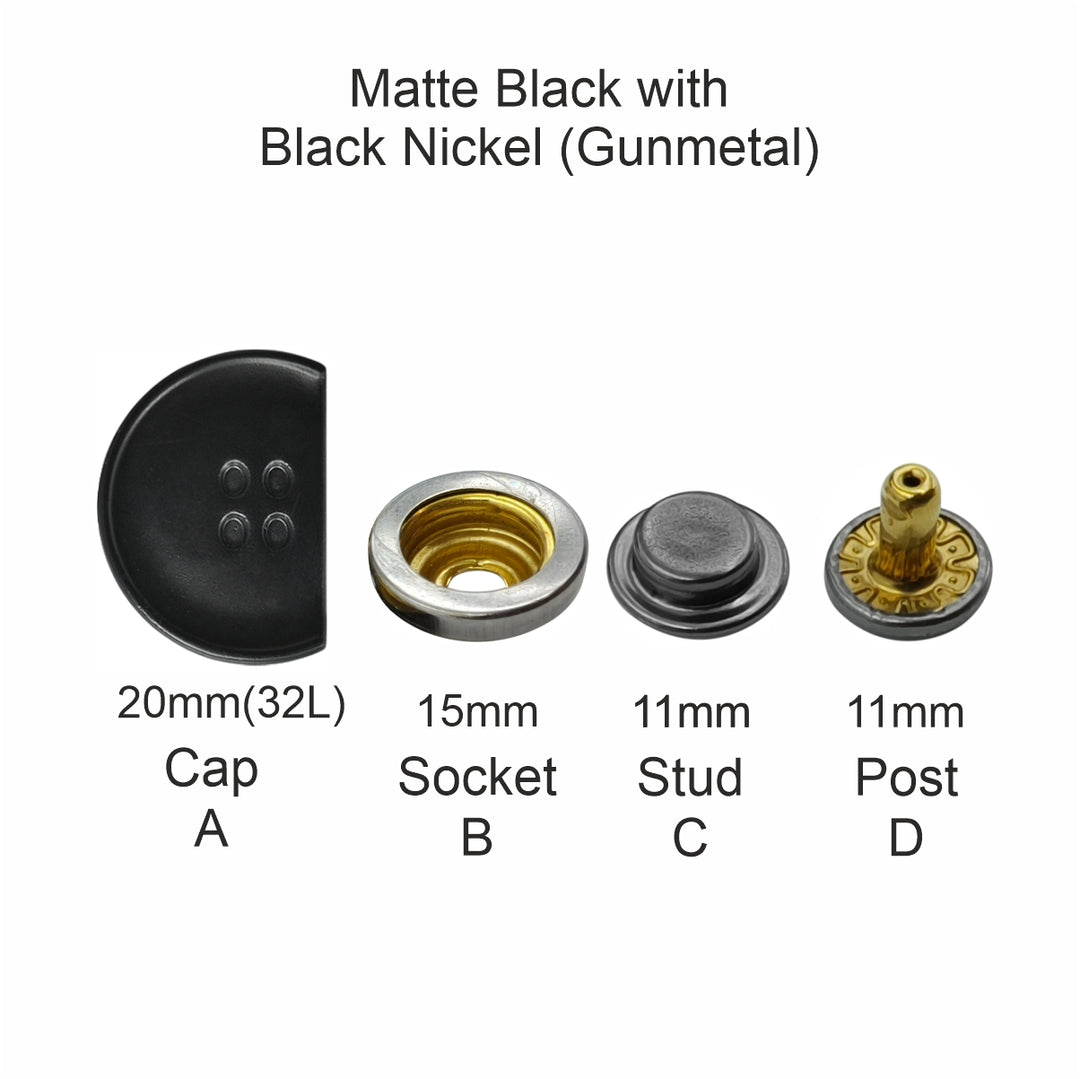 Matte black 4-part metal snap button set - cap, socket, stud, and post for leather and DIY accessories, 20mm (32L) size