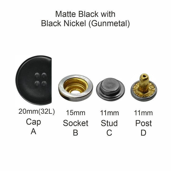Matte black 4-part metal snap button set - cap, socket, stud, and post for leather and DIY accessories, 20mm (32L) size