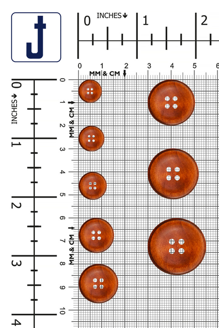 Rust Colour Round Shape 4-Hole Rim Design Wooden Buttons