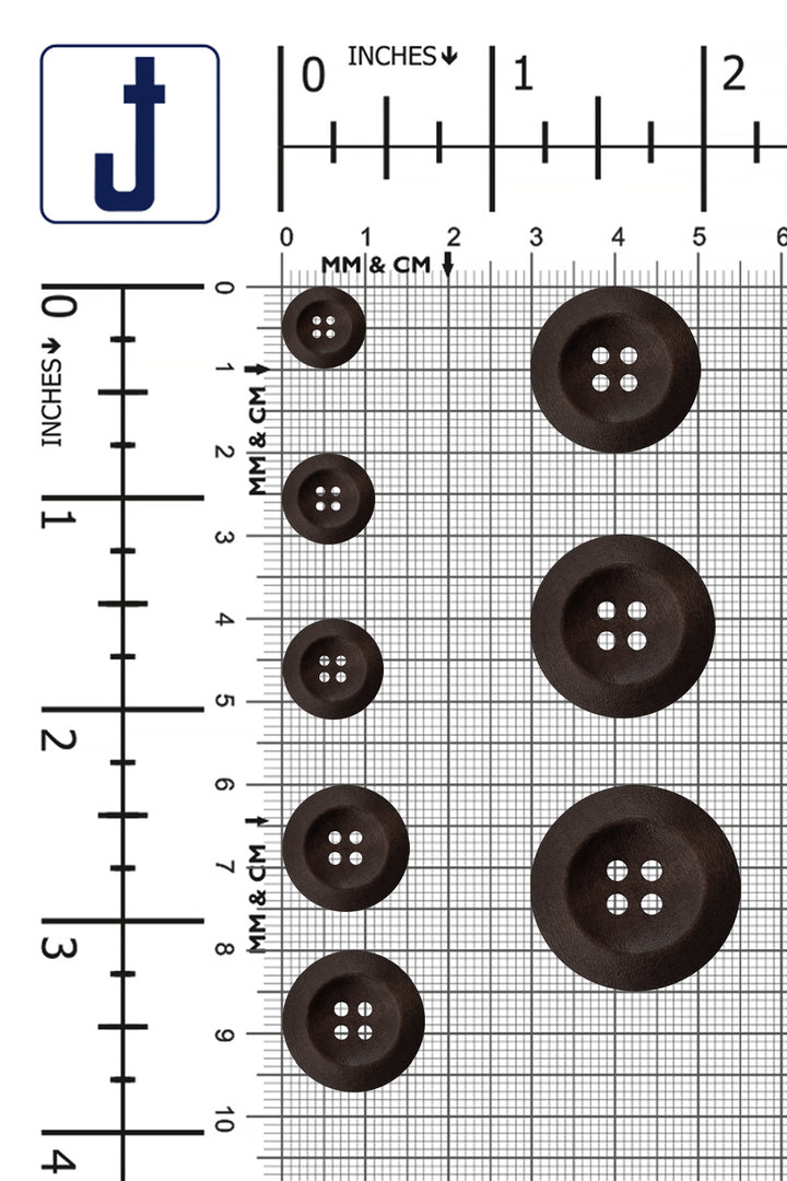Dark Brown Colour Round Shape 4-Hole Wide Rounded Rim Wooden Buttons