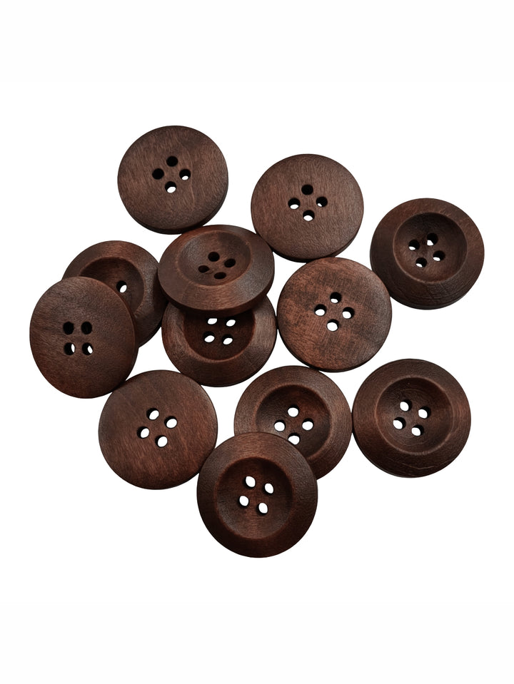 Brown Colour Round Shape 4-Hole Wide Rounded Rim Wooden Buttons