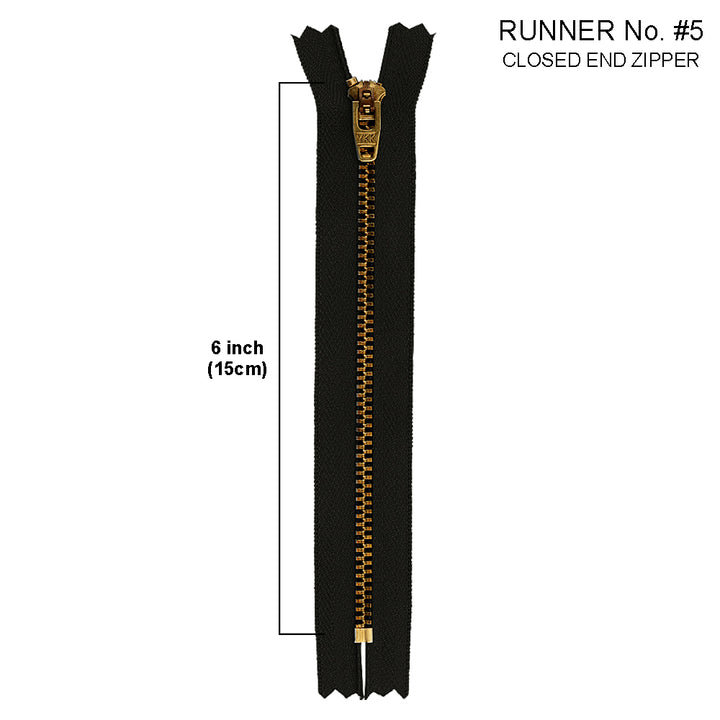 YKK- #5 Brass Closed-End 6inch YKK Jeans Zipper in Black Colour