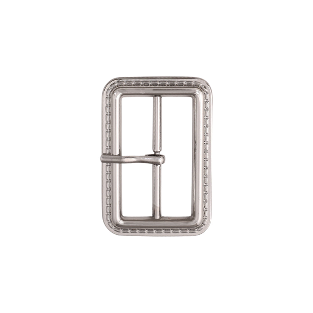 Shiny Silver Chrome Finish Accented Border Prong Belt Buckle