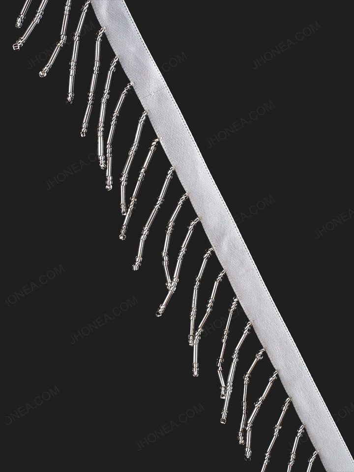 Silver Beaded Long Tassel Trim Lace for Ladies
