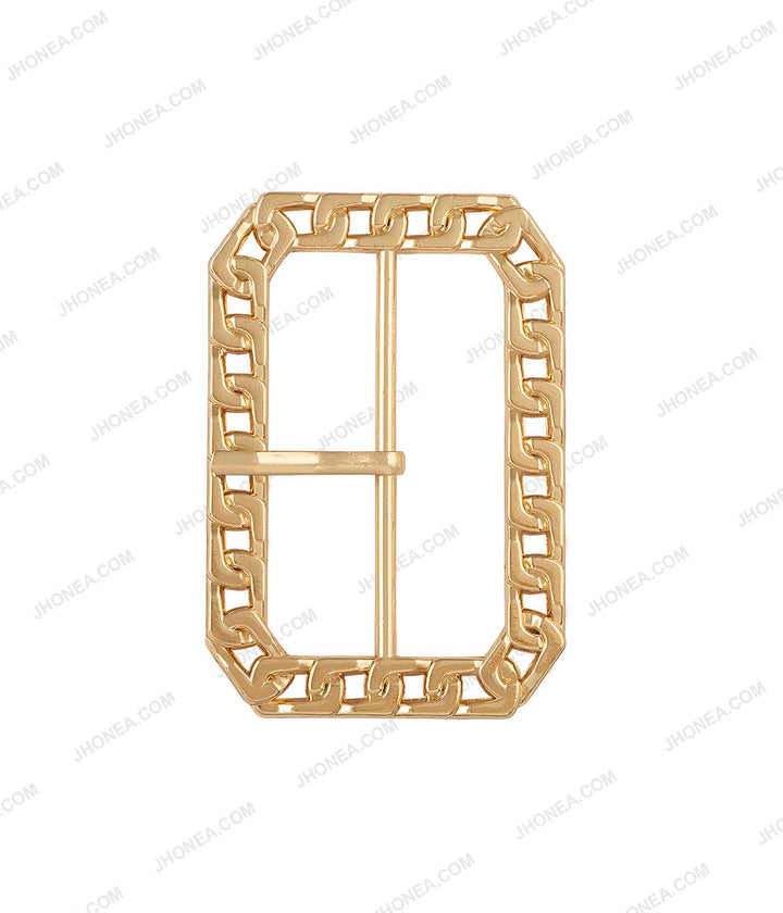 Rounded Rectangle Frame Shiny Gold Chain Design Prong Belt Buckle