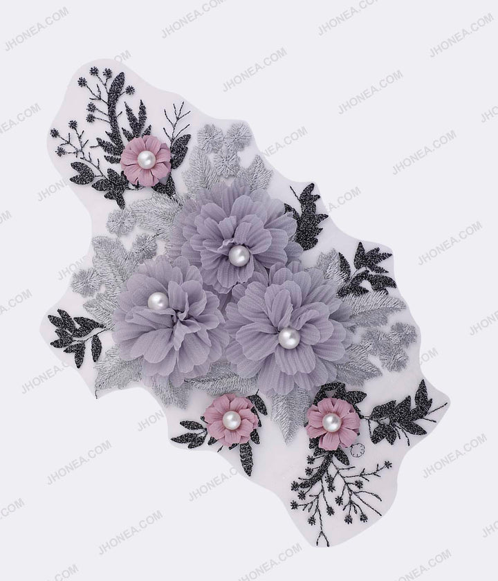 Shades of Grey & Pink Flower Intricate Embroidery Patch