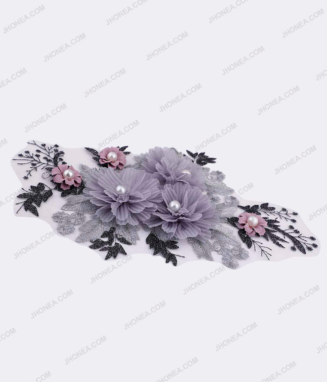 Shades of Grey & Pink Flower Intricate Embroidery Patch