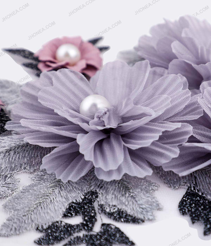 Shades of Grey & Pink Flower Intricate Embroidery Patch