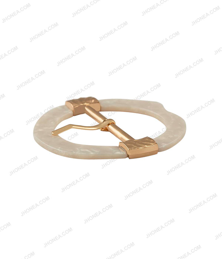 Glistening White Uneven Frame with Shiny Gold Center Bar Prong Buckle