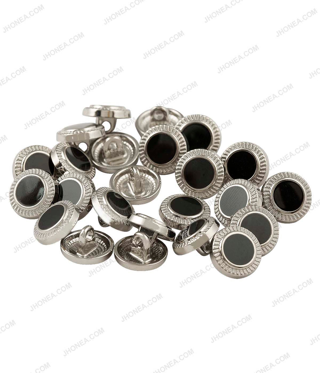 Shiny Silver Engraved lines Rim Border with Black Enamel Shirt Buttons