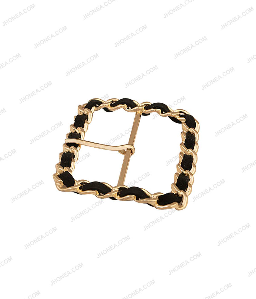 Broad Rectangle Frame Shiny Gold with Black Prong Buckle