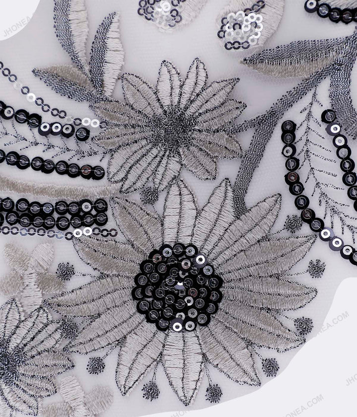 Black with White Embroidery Patch with Sequins Embellishments