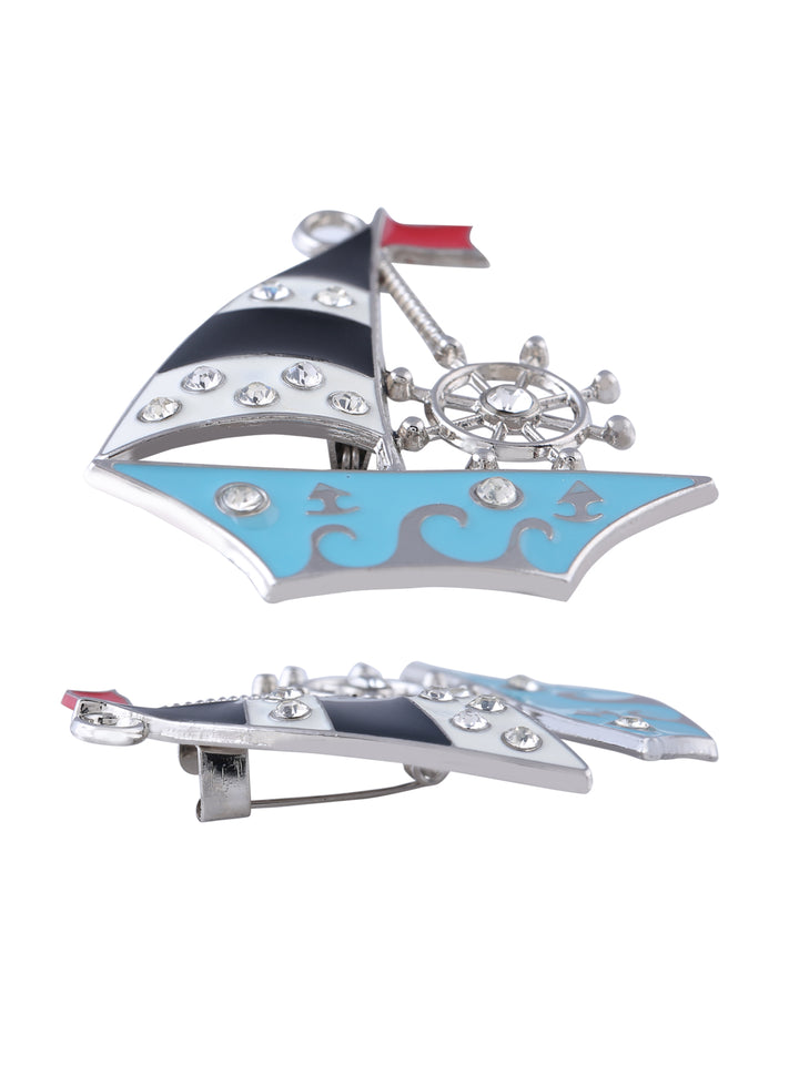 Enamel color silver ship boat brooch