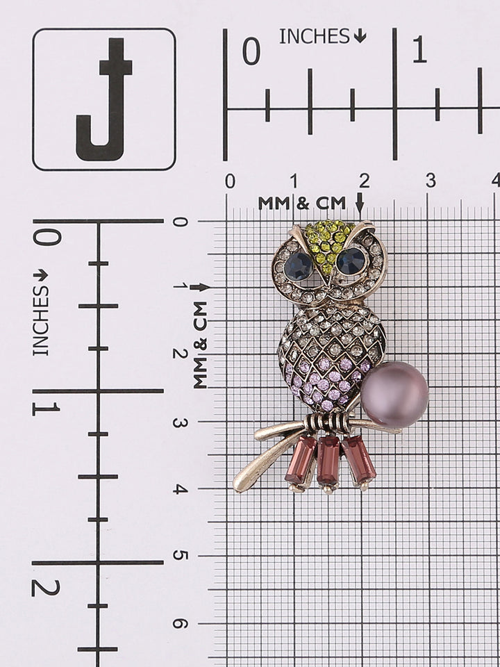 Multicoloured Diamond Owl Bird Brooch Pin
