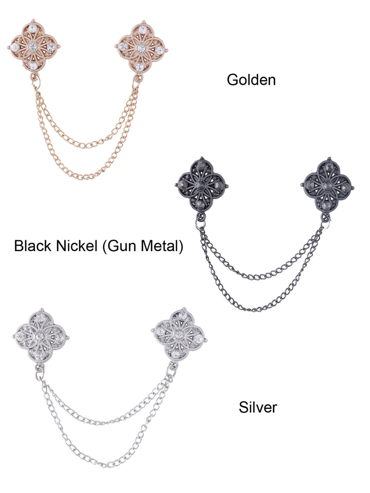 Traditional Double Chain Hanging Flower Brooch in Golden/Black Nickel (Gun Metal)/Silver Colour