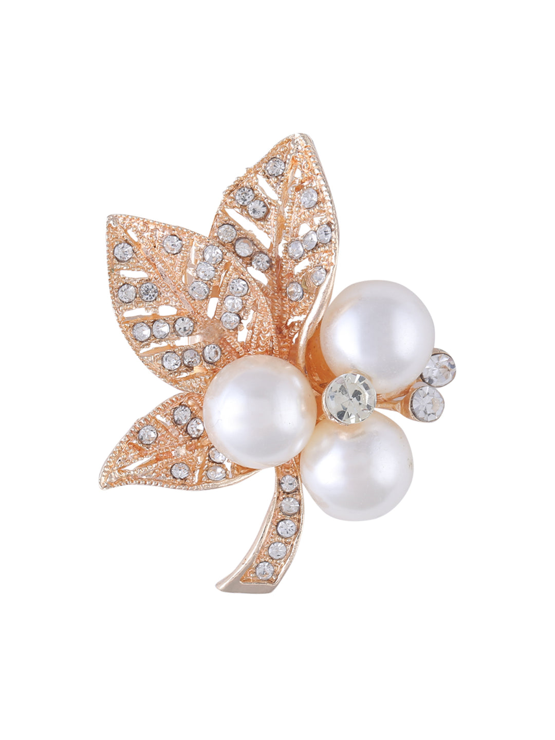 Sparkling Diamond & Pearl Leaf Shape Brooch in Gold Color