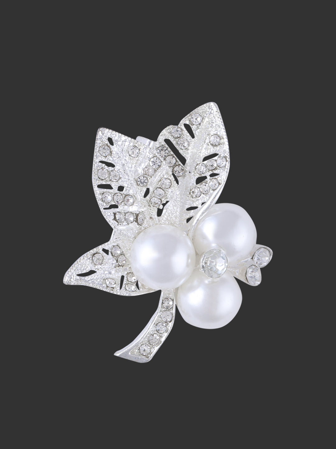 Sparkling Diamond & Pearl Leaf Shape Brooch in Silver Color