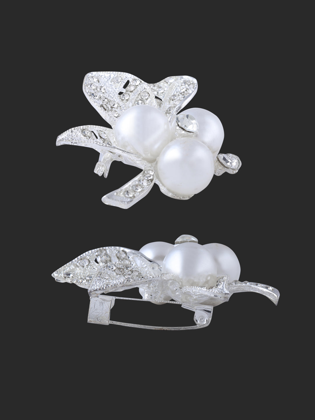 Sparkling Diamond & Pearl Leaf Shape Brooch in Imitation Gold Color