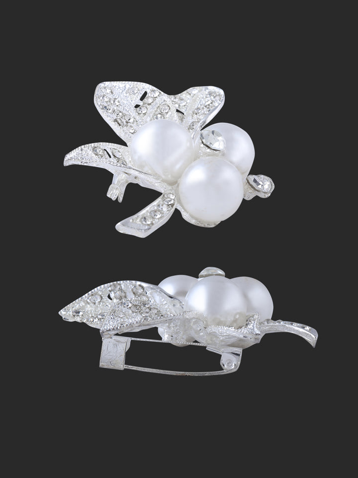 Sparkling Diamond & Pearl Leaf Shape Brooch in Imitation Gold Color