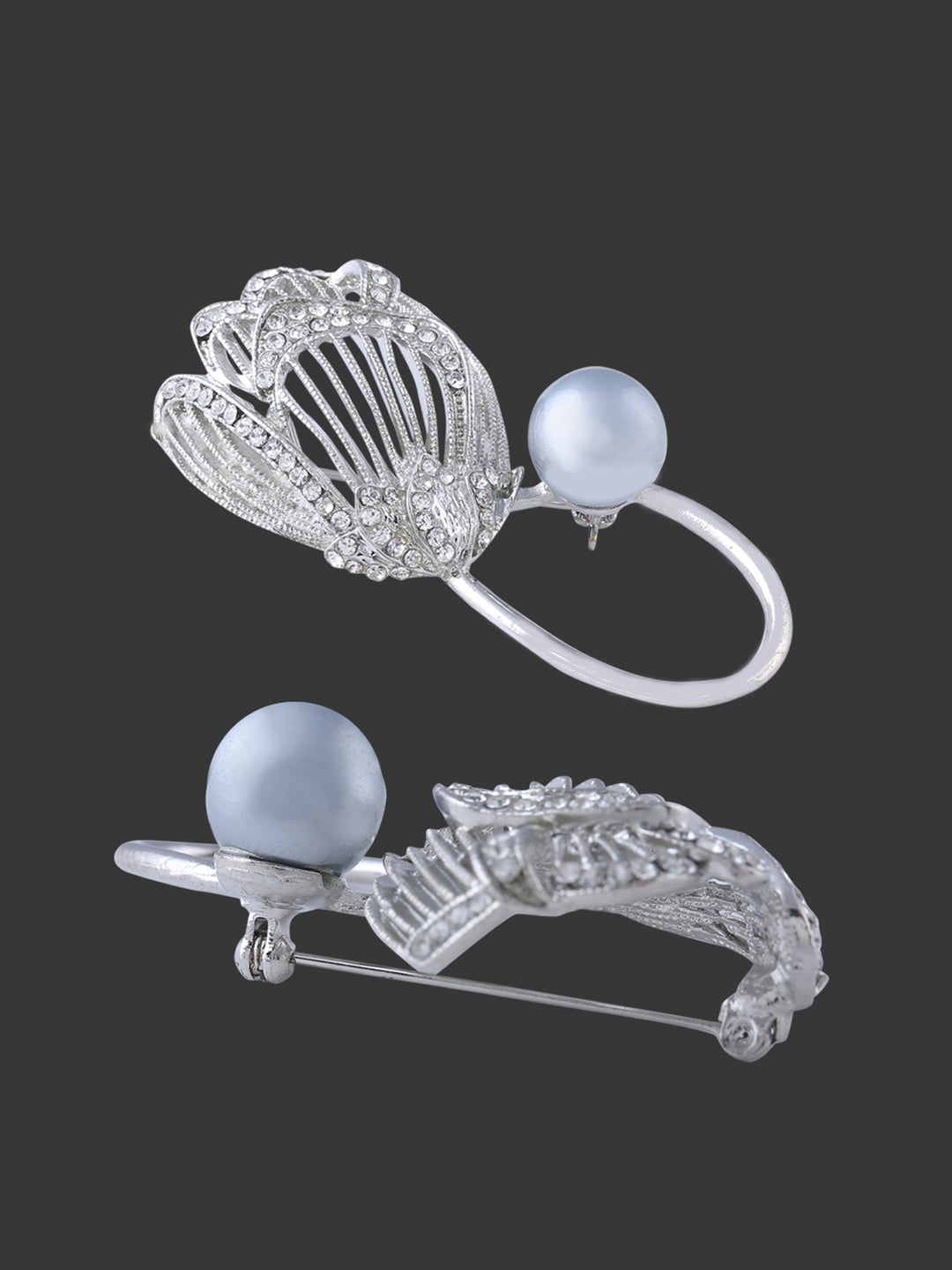 Rose Flower Diamond & Pearl Silver Brooch