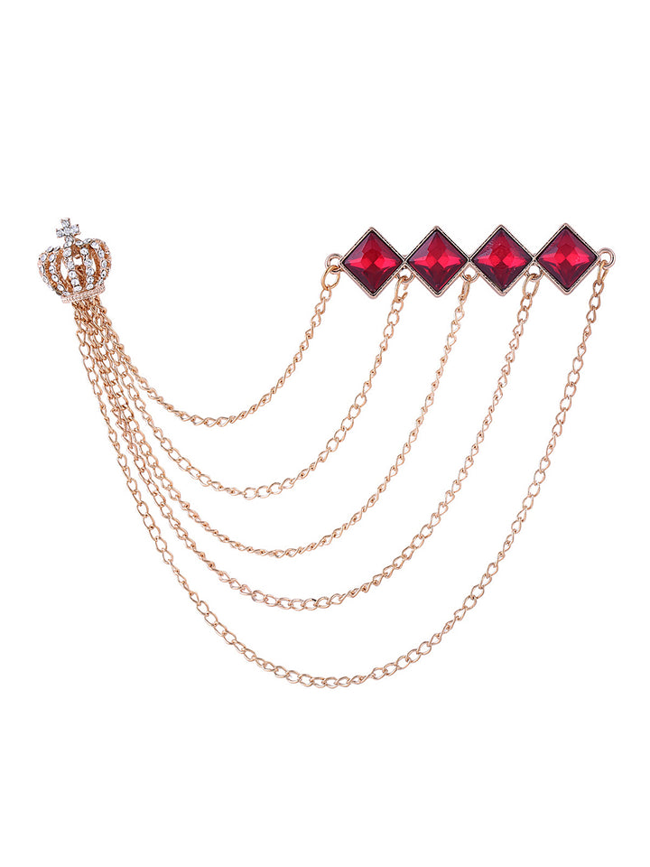 Diamond Crown & Chain Attractive Brooch Pin in Golden with Read Color