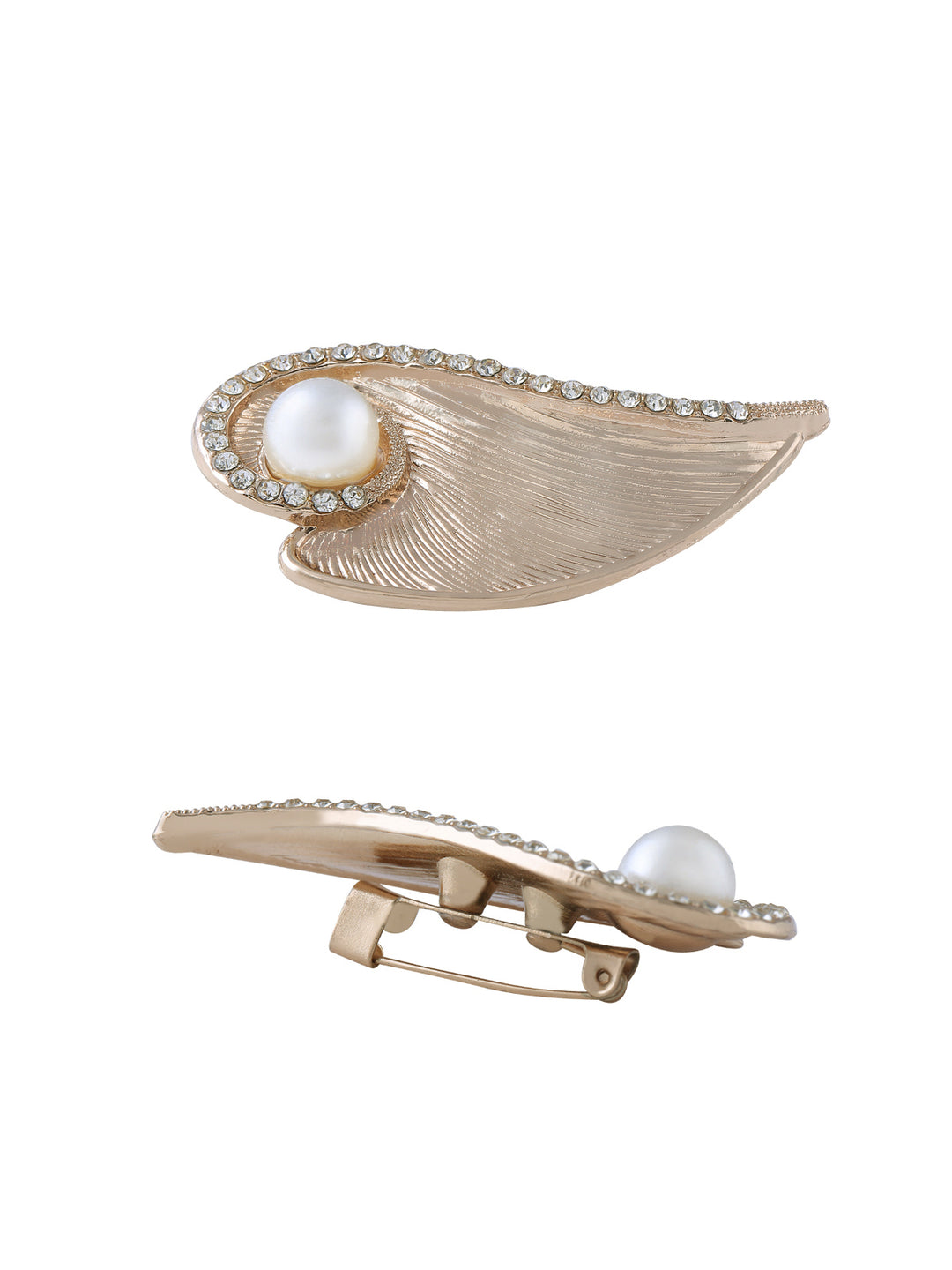 Shiny Gold Diamond Leaf with Pearl Brooch Pin