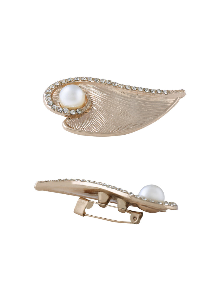 Shiny Gold Diamond Leaf with Pearl Brooch Pin