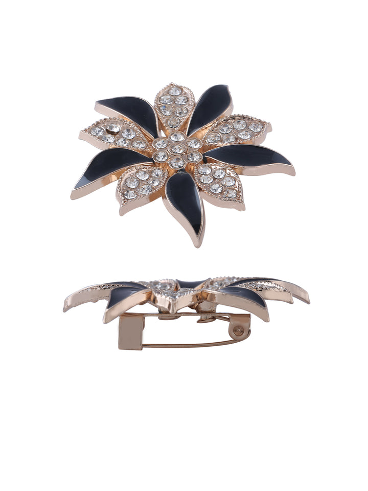 Golden with Black Enamel Diamond Flower Brooch Pin