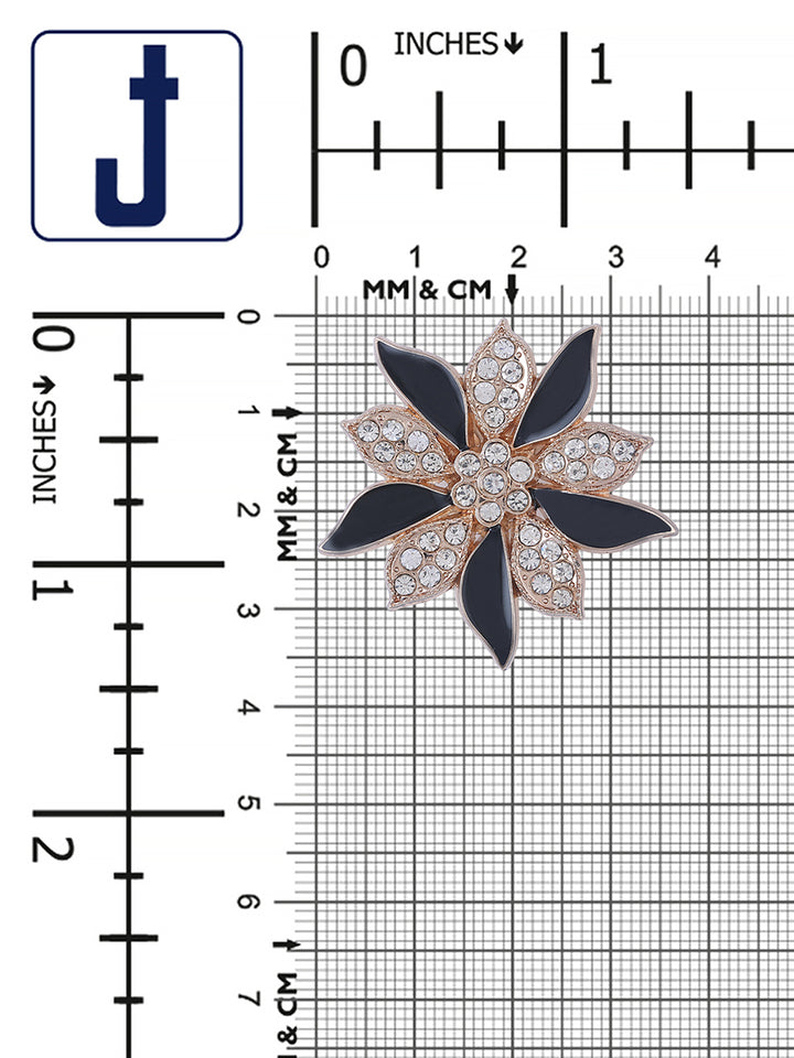 Golden with Black Enamel Diamond Flower Brooch Pin