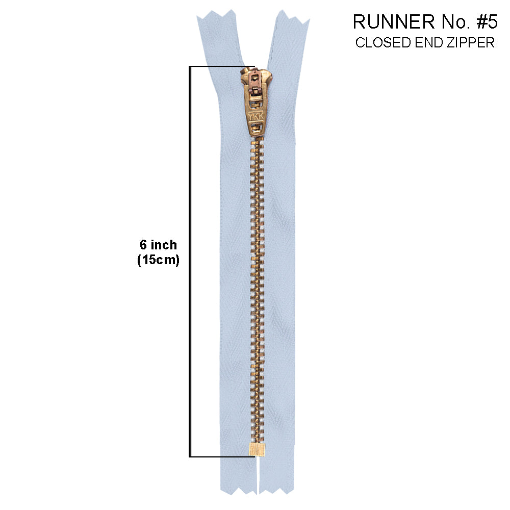 YKK- #5 Brass Closed-End 6inch YKK Jeans Zipper in Light Blue Colour
