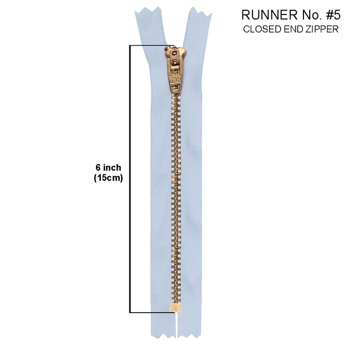 YKK- #5 Brass Closed-End 6inch YKK Jeans Zipper in Light Blue Colour