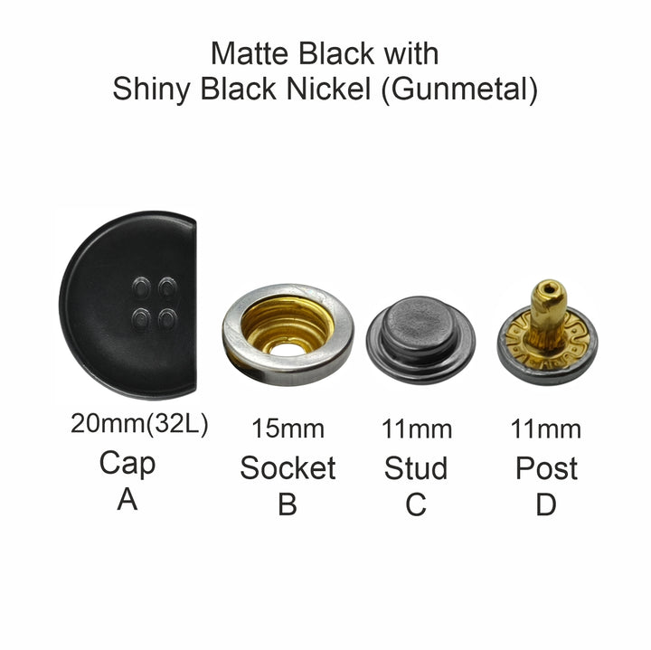 4-Part Matte Black Metal Snap Button Set for Jackets/Leather Accessories