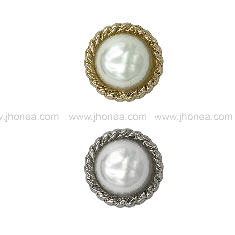 Shiny Gold & Silver Round Shape Engraved Rim Pearl Metal Button
