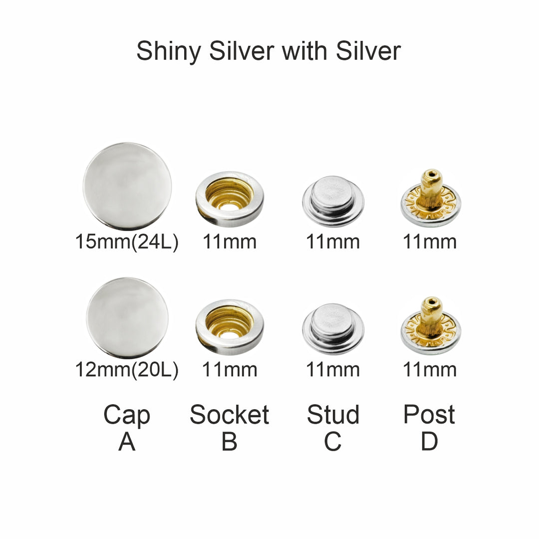 Shiny Silver 4-Part Press Snap Buttons Fasteners Set for Garments/Leather Accessories