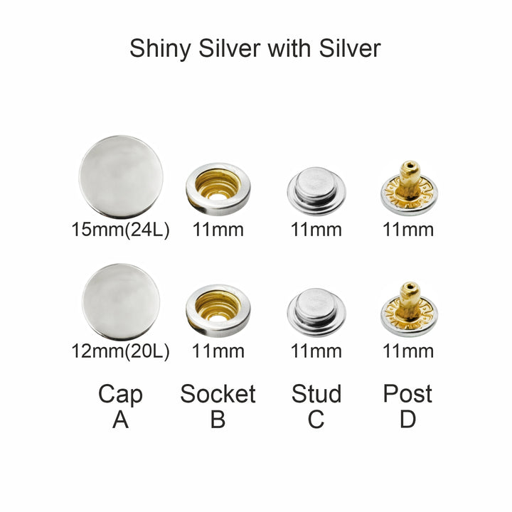 Shiny Silver 4-Part Press Snap Buttons Fasteners Set for Garments/Leather Accessories