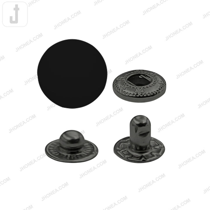 Smooth round plastic 4-part snap button fasteners in black with gunmetal, available in 15mm and 17mm.