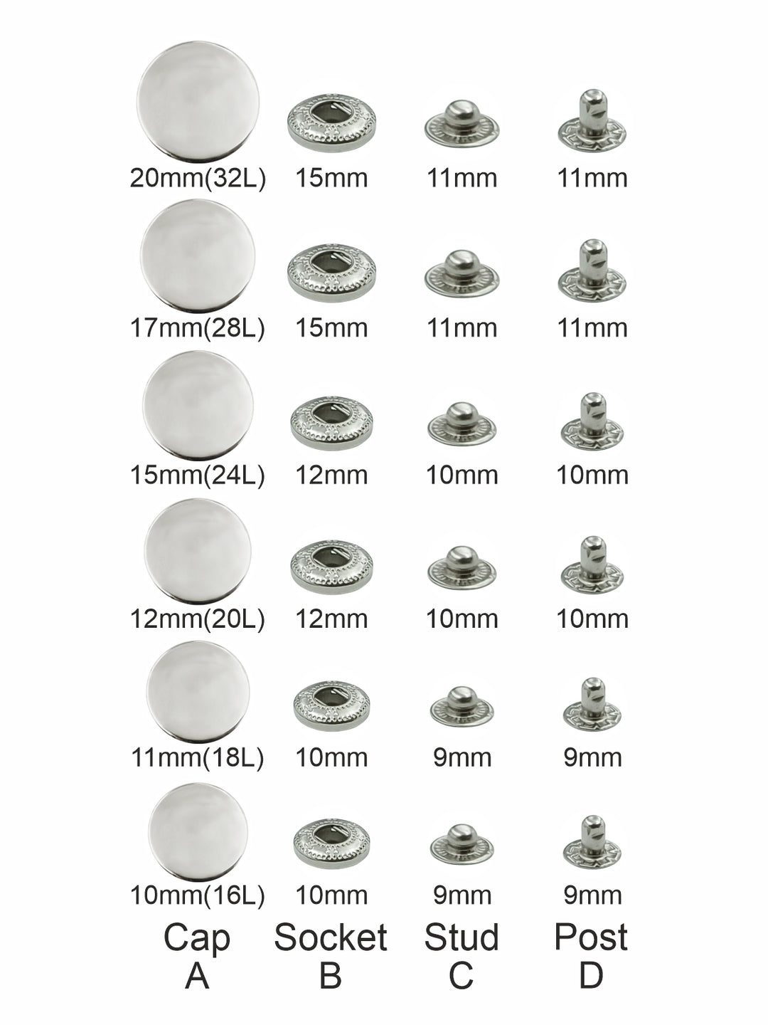 Standard-Quality Shiny Silver 4-Part Metal Snap Buttons for Leather, Jackets, DIY