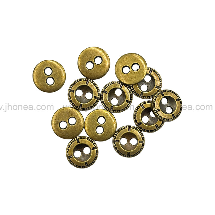 Engraved Rim 2-Hole Round Shape Antique Brass Shirt/Kurta Metal Buttons