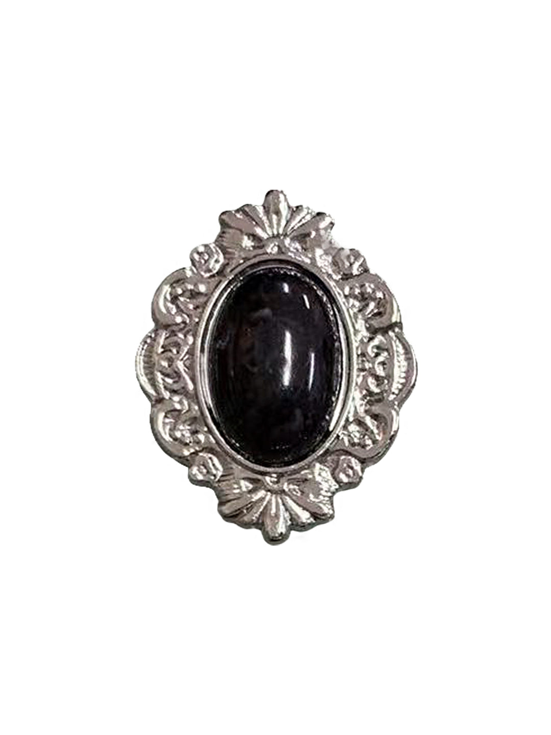 Vintage Shiny Silver Engraved Frame with Black Beaded Brooch Pin