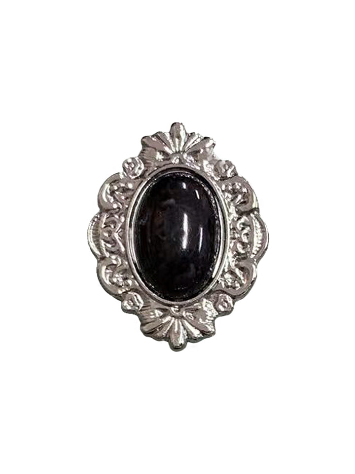Vintage Shiny Silver Engraved Frame with Black Beaded Brooch Pin